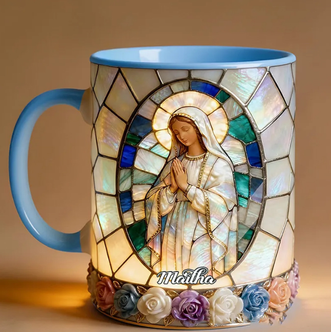 Personalized Our Lady of Grace Stained Glass 11oz Ceramic Mug with Custom Name Religious 3D Coffee Mug Catholic Gift for her