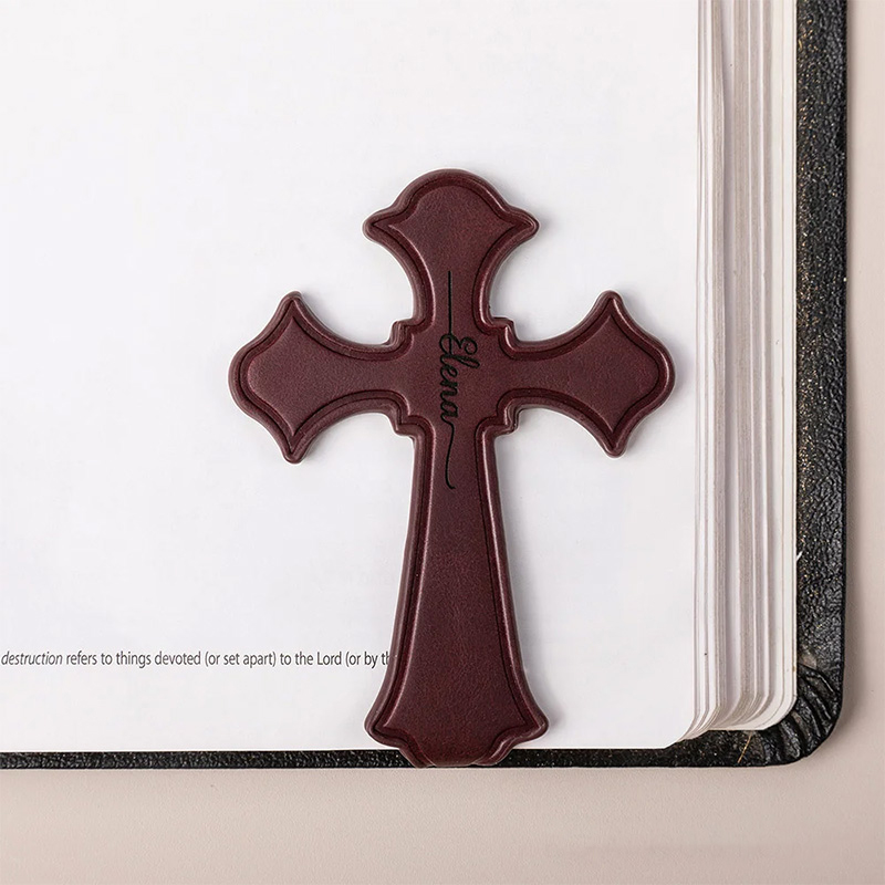 Personalized Cross Monogram Magnetic PU Leather Bookmark Clip with Engraved Name Religious Gift for Christians