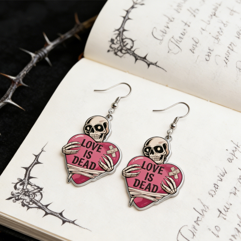 Personalized Acrylic Skull Heart Statement Earrings Dark Sweet Goth Style with Customizable Text for Edgy Fashion Fans