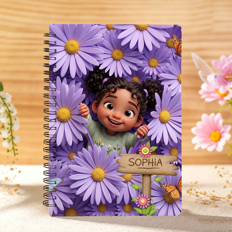 Personalized Cute Cartoon Girl Birth Flower Custom Name Notebook for Children