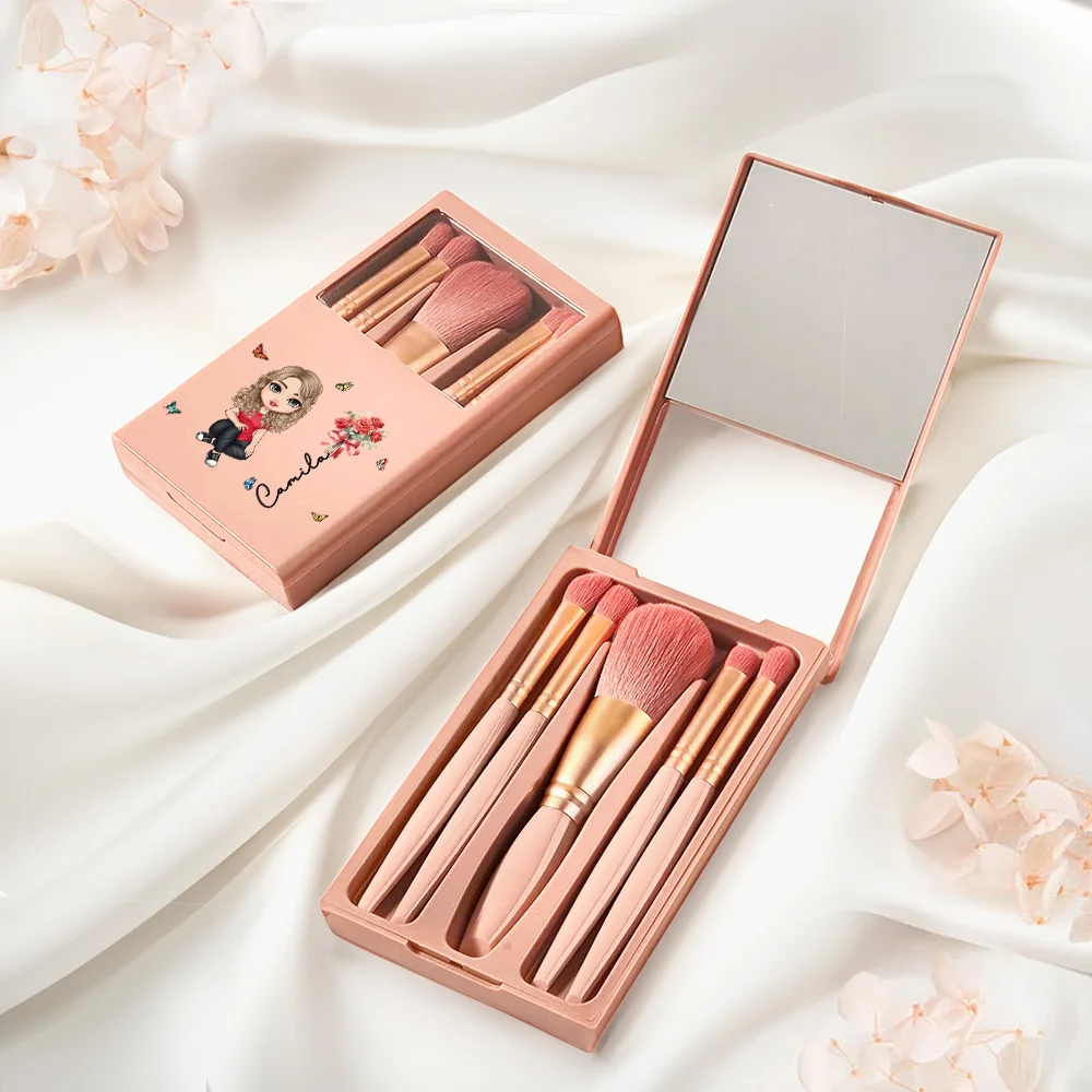 Personalized Birth Flower Bouquet Name Cartoon 5 Pcs Makeup Brush Bridesmaid Gift Storage Box Set with Mirror Birthday Bridal Shower Gift for Her