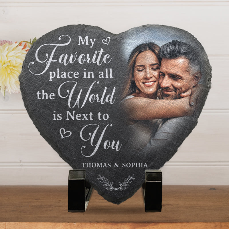 Personalized Couple Photo My Favorite Place In All The World Is Next To You Heart Shaped Stone With Stand First Christmas Gift Valentine's Day Gift