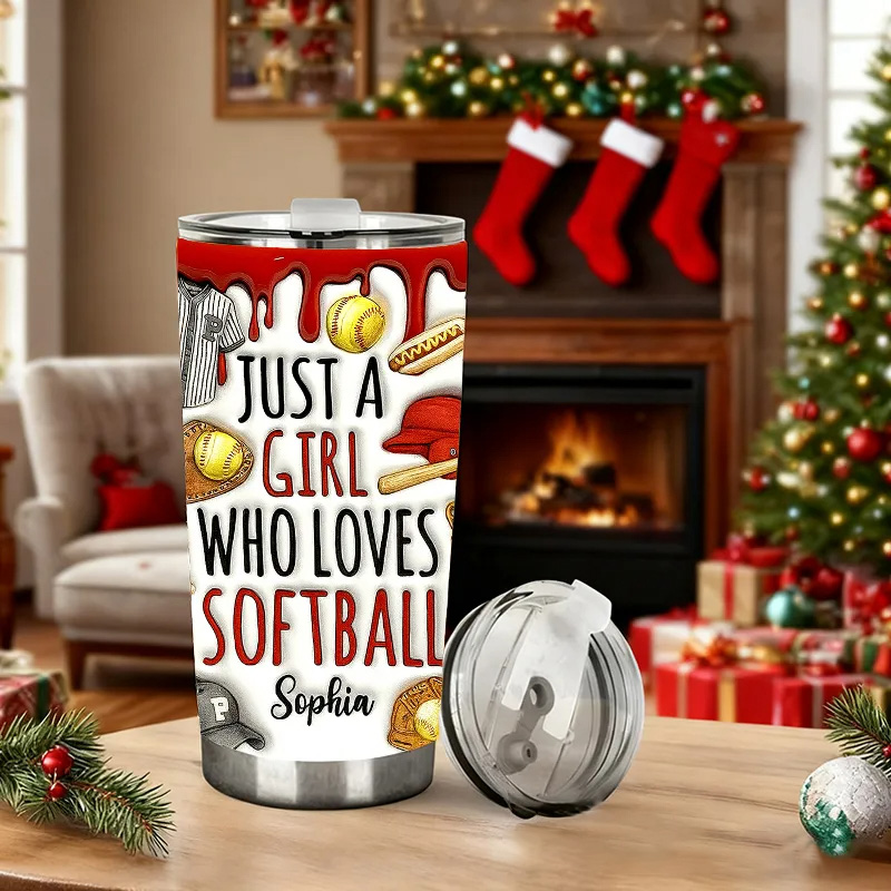 Personalized Softball Tumbler with "Just a Girl Who Loves Softball" Design with Custom Name