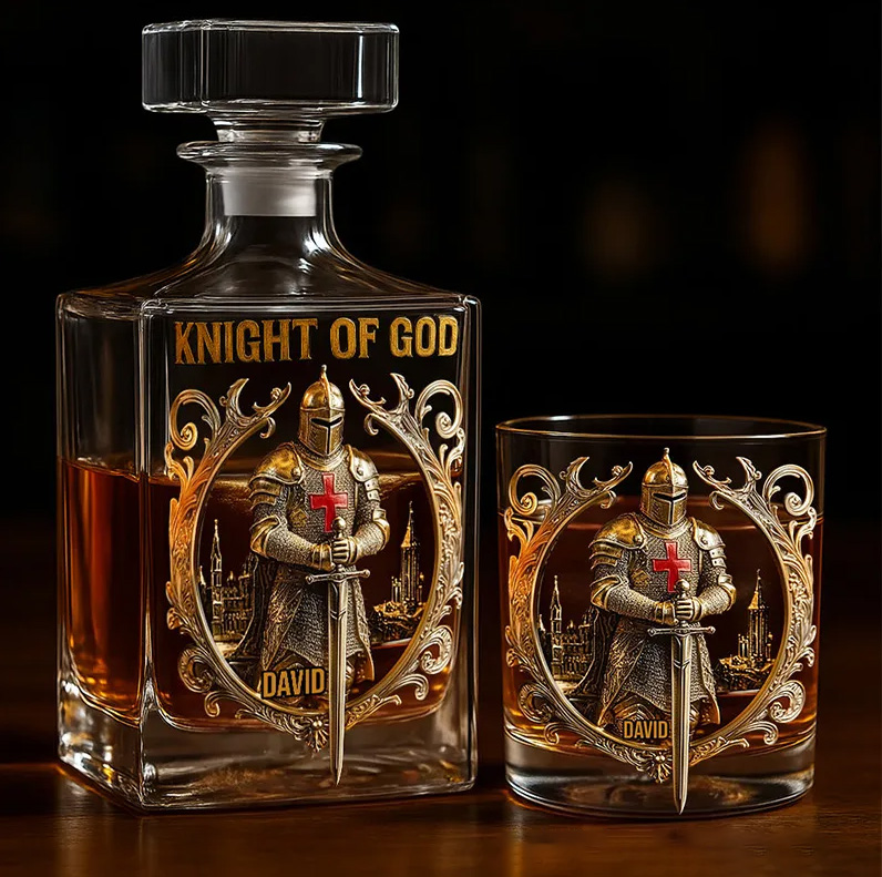Personalized Knight of God Whiskey Decanter Set with Name Whiskey Glass Whiskey Bottle Religious Gift Christian Gift for Men