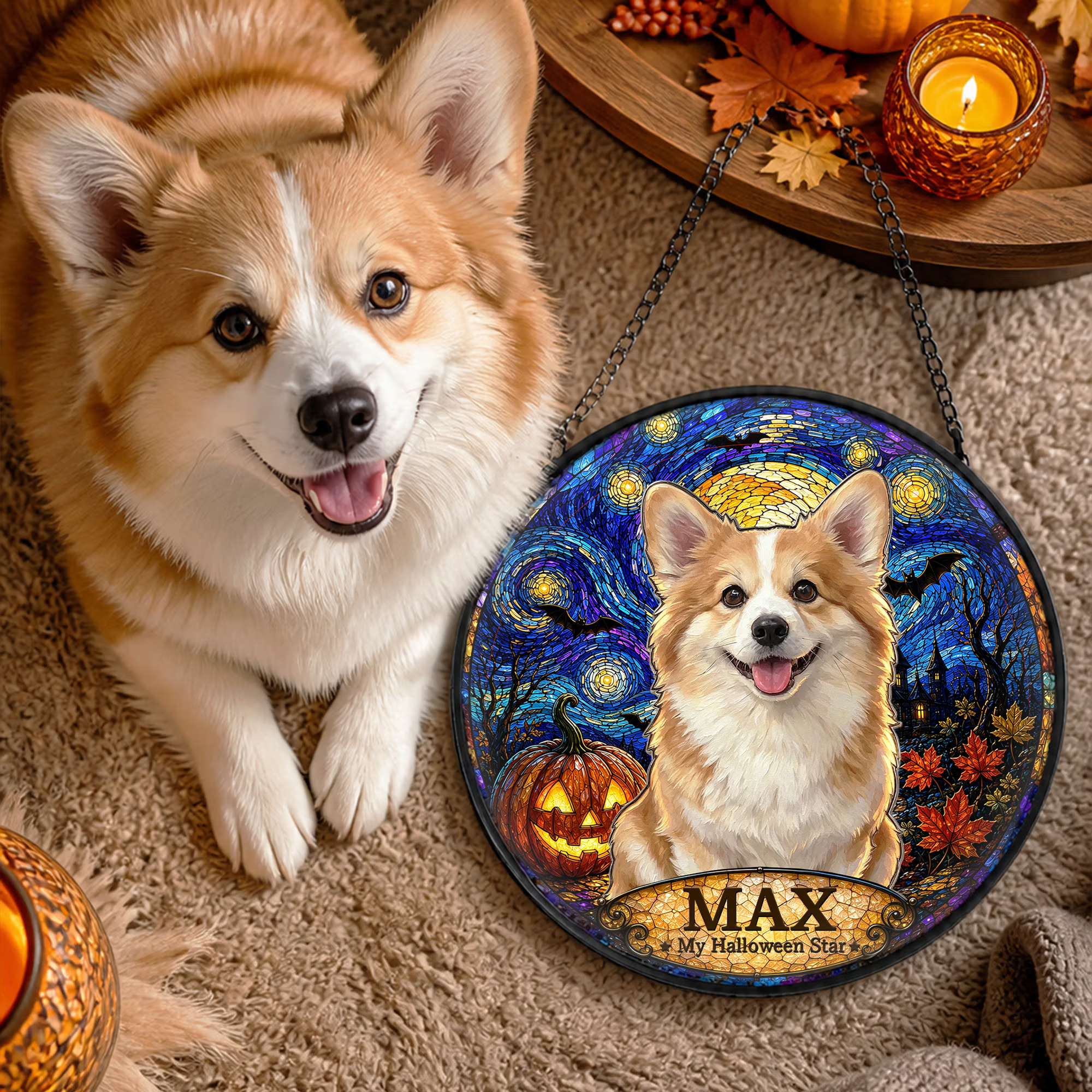 Personalized Stained Glass Style Van Gogh Art Pet Photo Window Hanging Suncatcher with Name Memorial Halloween Gift for Pet Owners