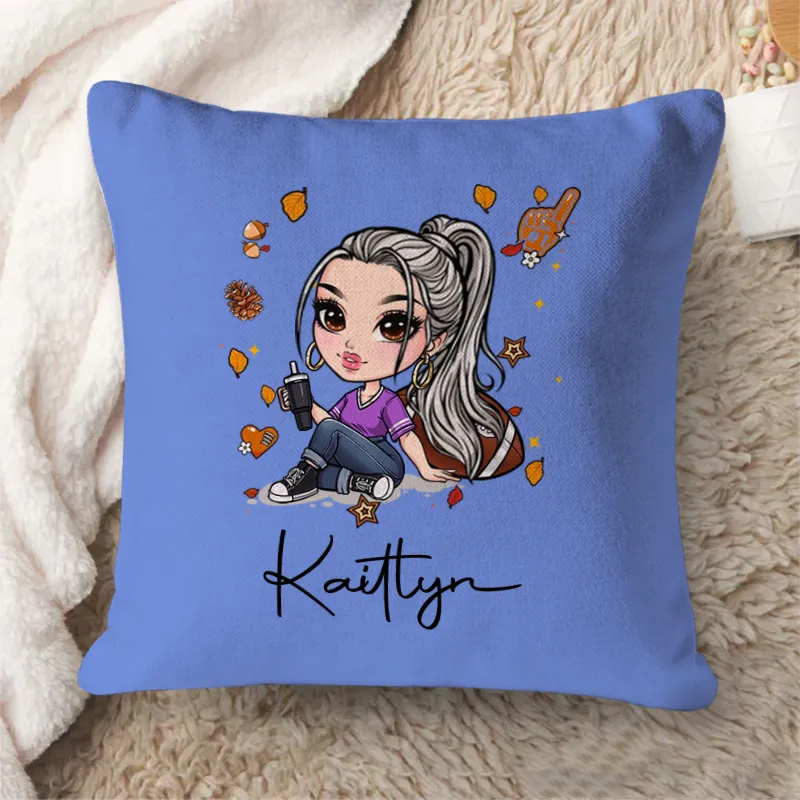 Personalized American Football Throw Pillow with Custom Name and Cute Cartoon Design