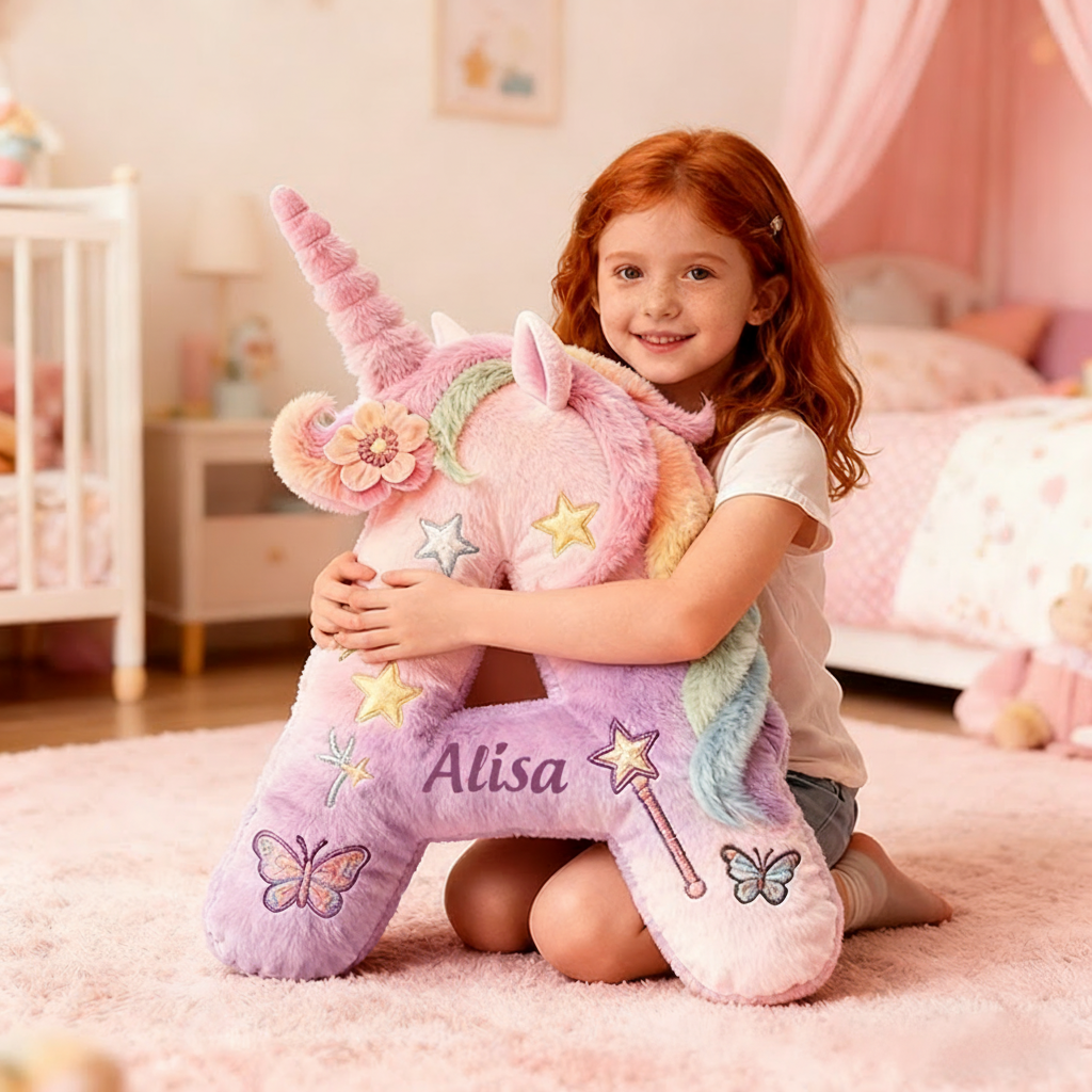 Personalized Letter Christmas Gift Pillow Pastel Rainbow Colors Stars Butterflies Magic Wand and Whimsical Fairy Tale Design Graphic 3D Print Pillow