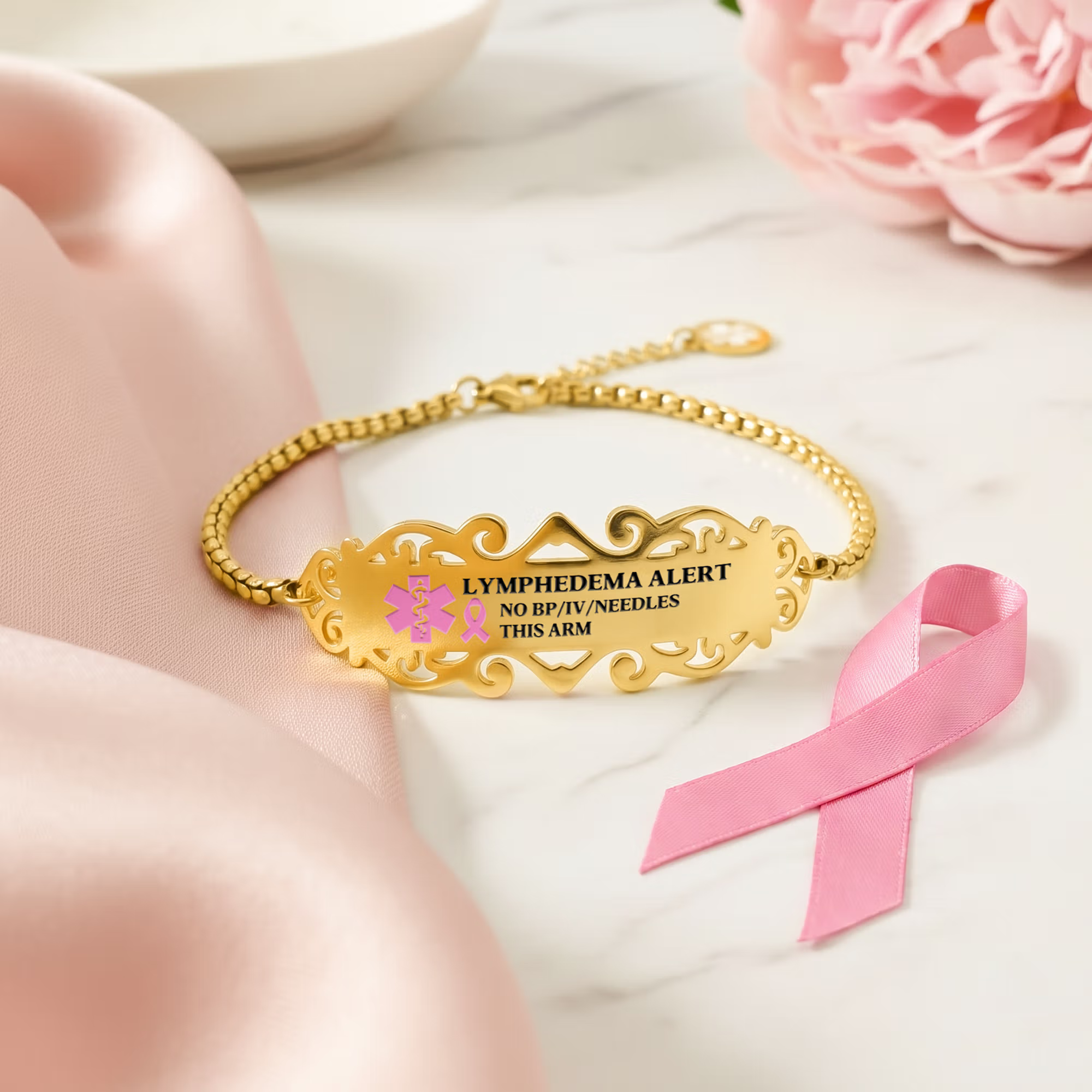 Personalized Pink Ribbon Bow Lymphedema Medical Alert Bracelet with Engraved Text and Title Emergency Jewelry Care Gift for Breast Cancer Woman