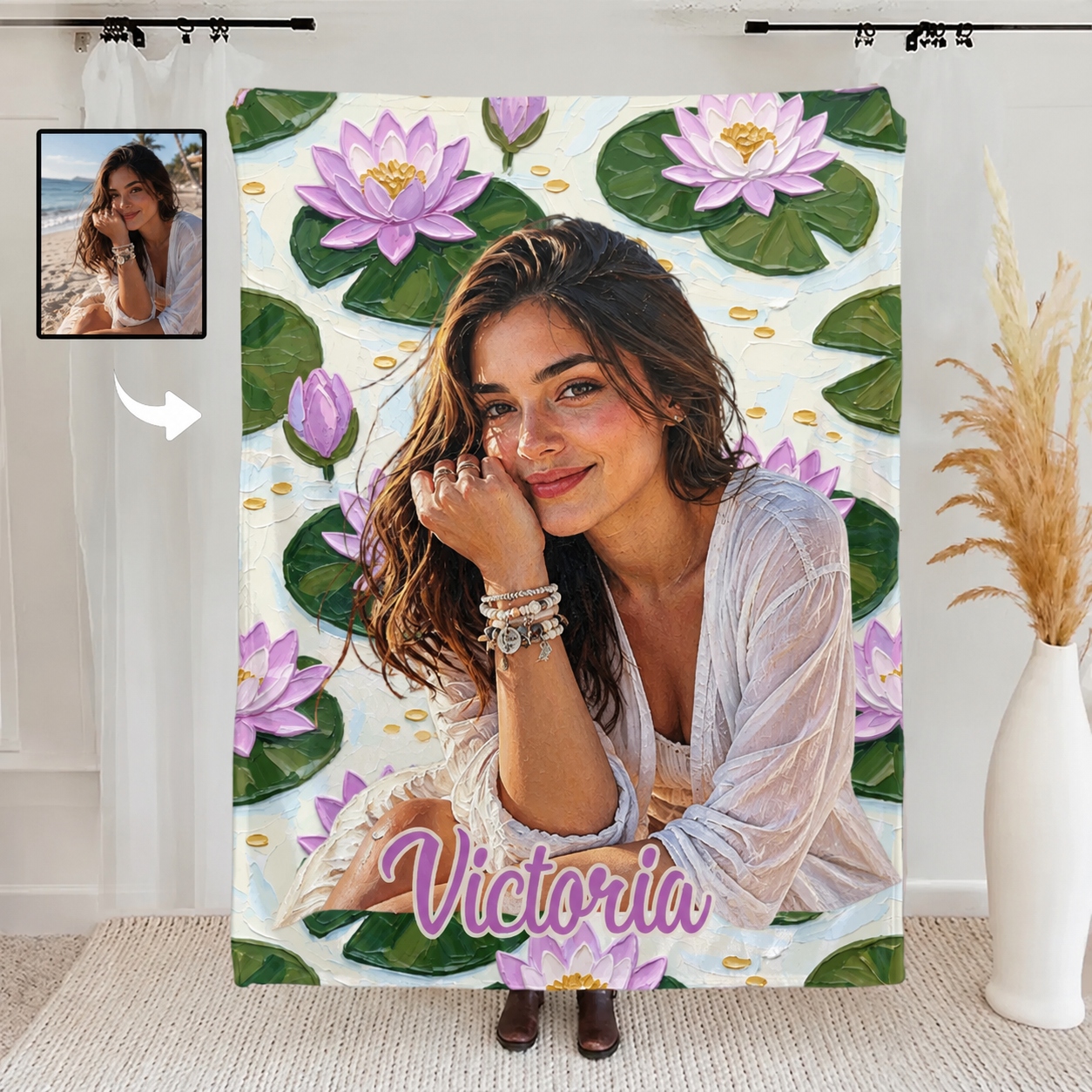 Personalized Birth Flower Flannel Blanket Oil Painting Style Custom Photo and Name Birthday Gift for Her