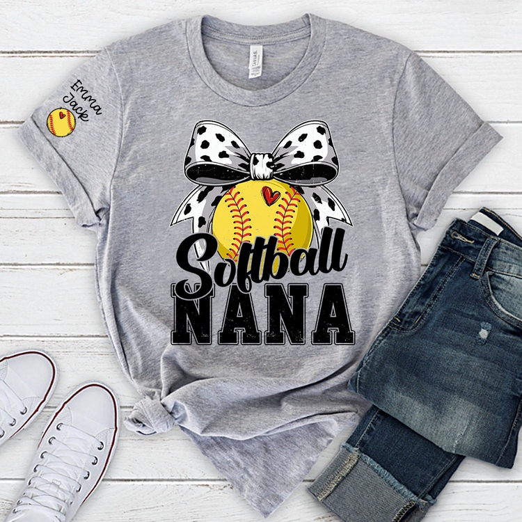 Personalized Softball Nana Shirt – Custom Grandma T‑Shirt with Bow and Name, Gift for Proud Softball Grandma