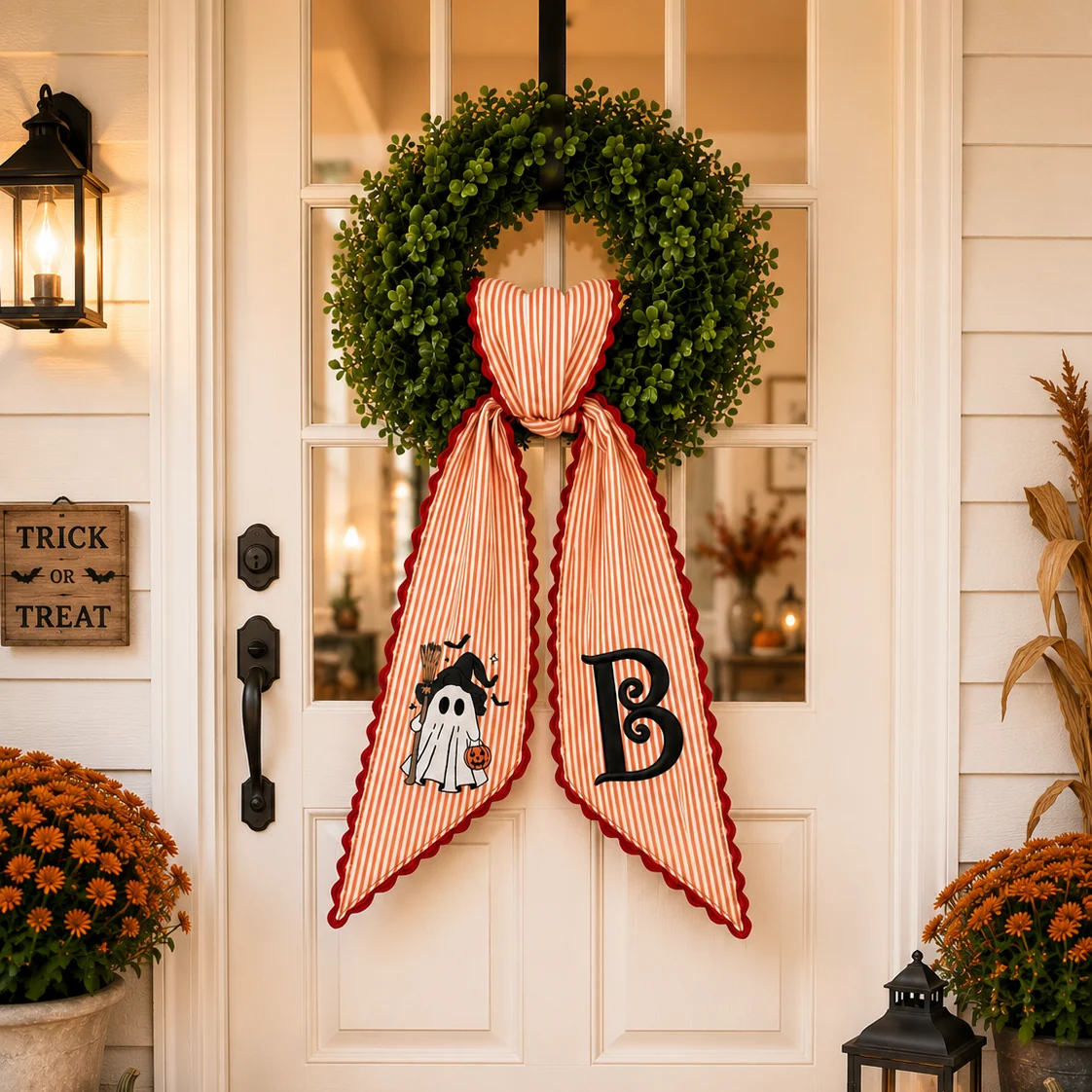 Personalized Halloween Wreath Sash Bow, Monogram Initial Ghost Witch Wreath Ribbon, Wreath Tail, Front Door Fall Halloween Decor