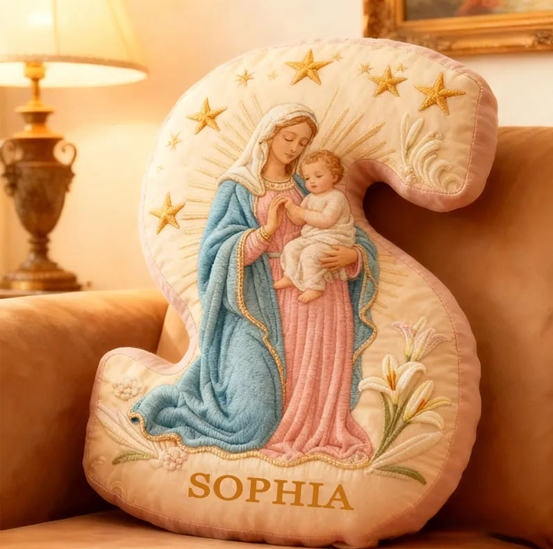 Personalized the Virgin Mary and Baby Jesus Letter Pillow with Custom Name Religious Home Decor Christian Gift Stars and Lily Graphic 3D Print Pillow