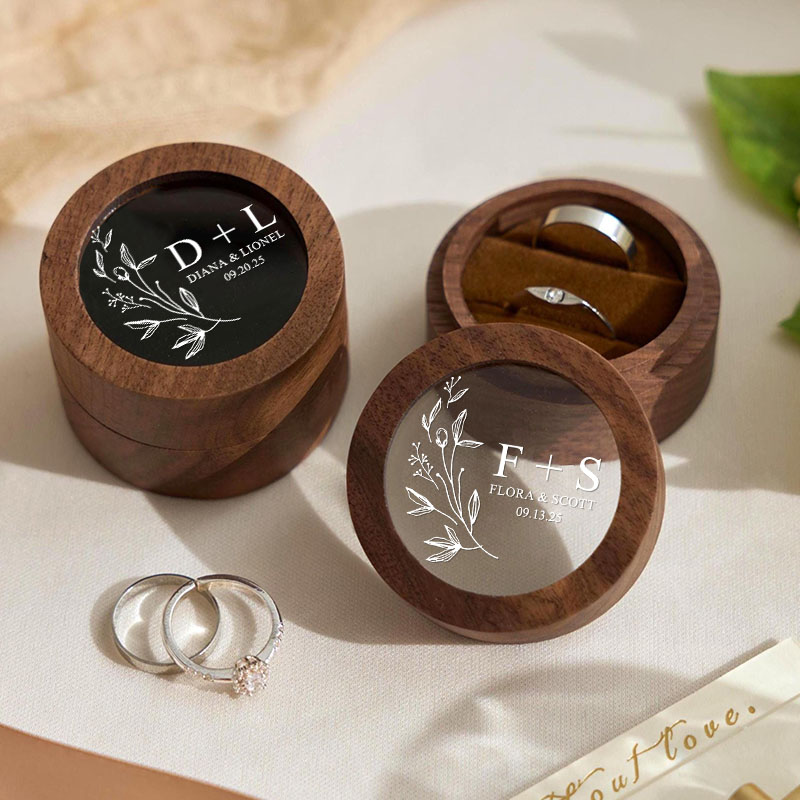 Personalized Couple Wedding Floral Leaf Wooden Ring Box Newlyweds Initials Name Round Ring Box with Acrylic Cover Husband Wife Engagement Ring Box