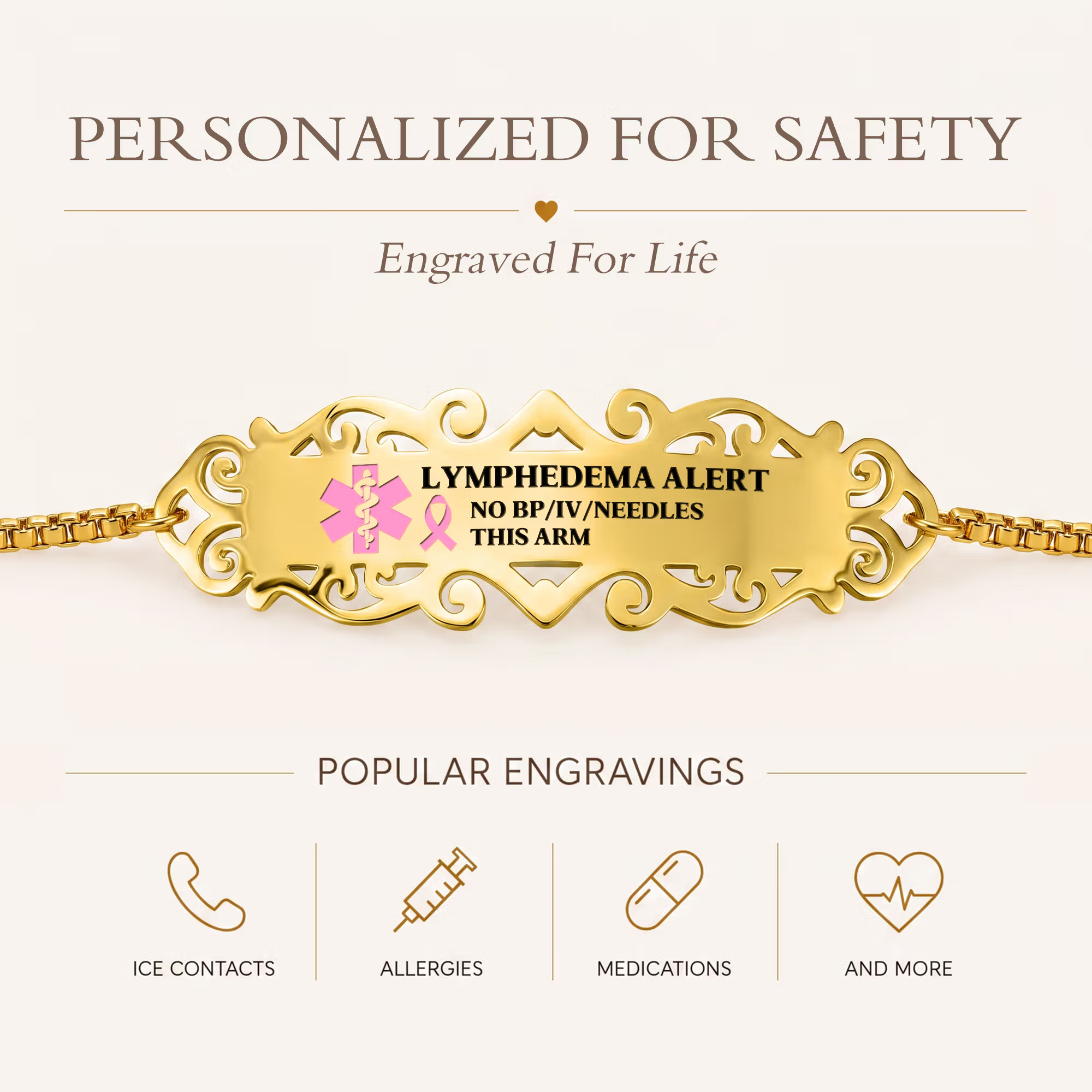 Personalized Pink Ribbon Bow Lymphedema Medical Alert Bracelet with Engraved Text and Title Emergency Jewelry Care Gift for Breast Cancer Woman