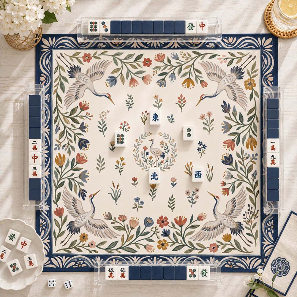 Crane Garden Mahjong Mat Folk Art Floral Neoprene Game Mat Colorful Botanical Personalized Gift