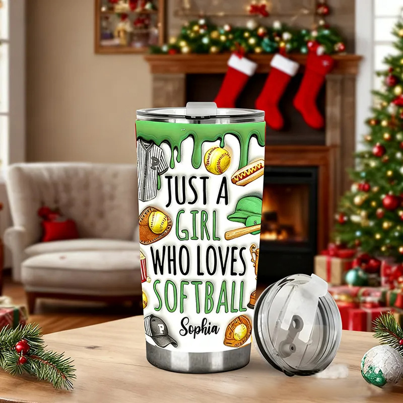 Personalized Softball Tumbler with "Just a Girl Who Loves Softball" Design with Custom Name