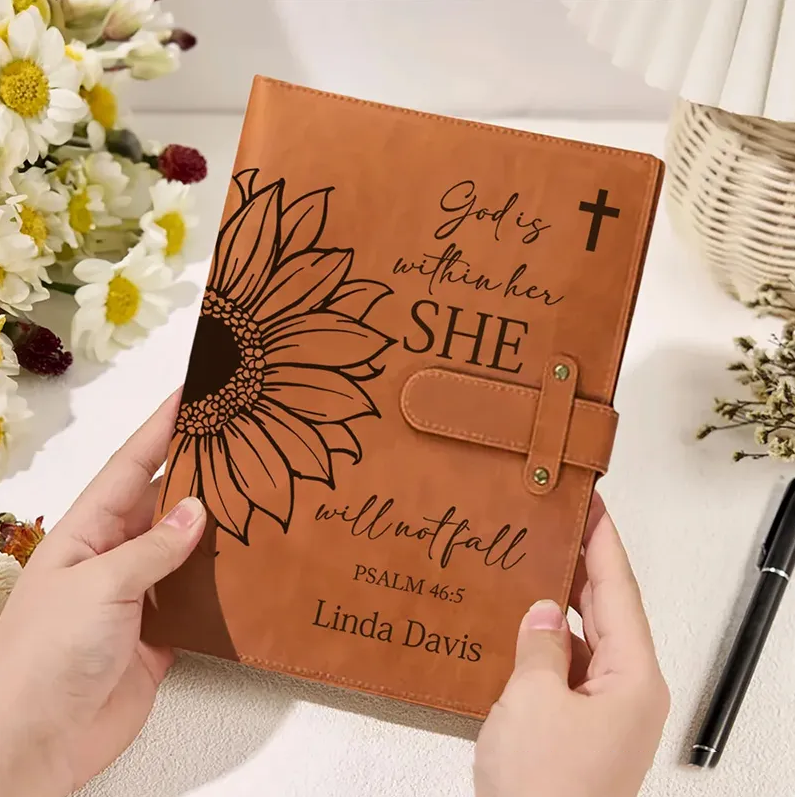 Personalized Bible Verse Sunflower Portable A5 PU Leather Notebook Cover with Text and Pocket Birthday Inspirational Gift for Women