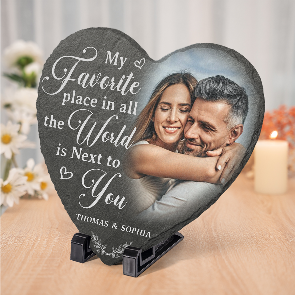 Personalized Couple Photo My Favorite Place In All The World Is Next To You Heart Shaped Stone With Stand First Christmas Gift Valentine's Day Gift