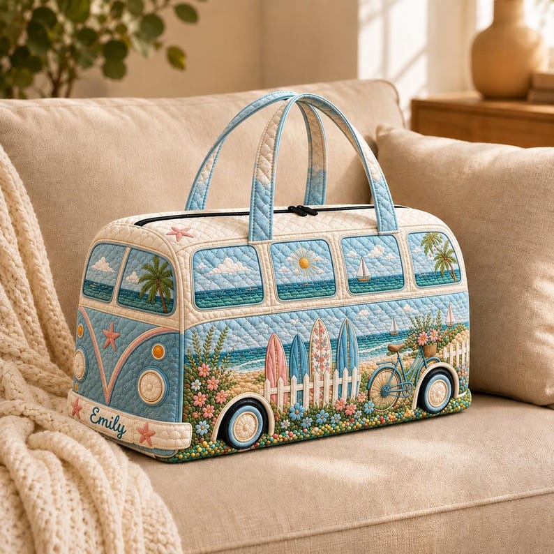 Personalized Quilted Camper Duffel Bag Retro Beach Travel Weekender Tote