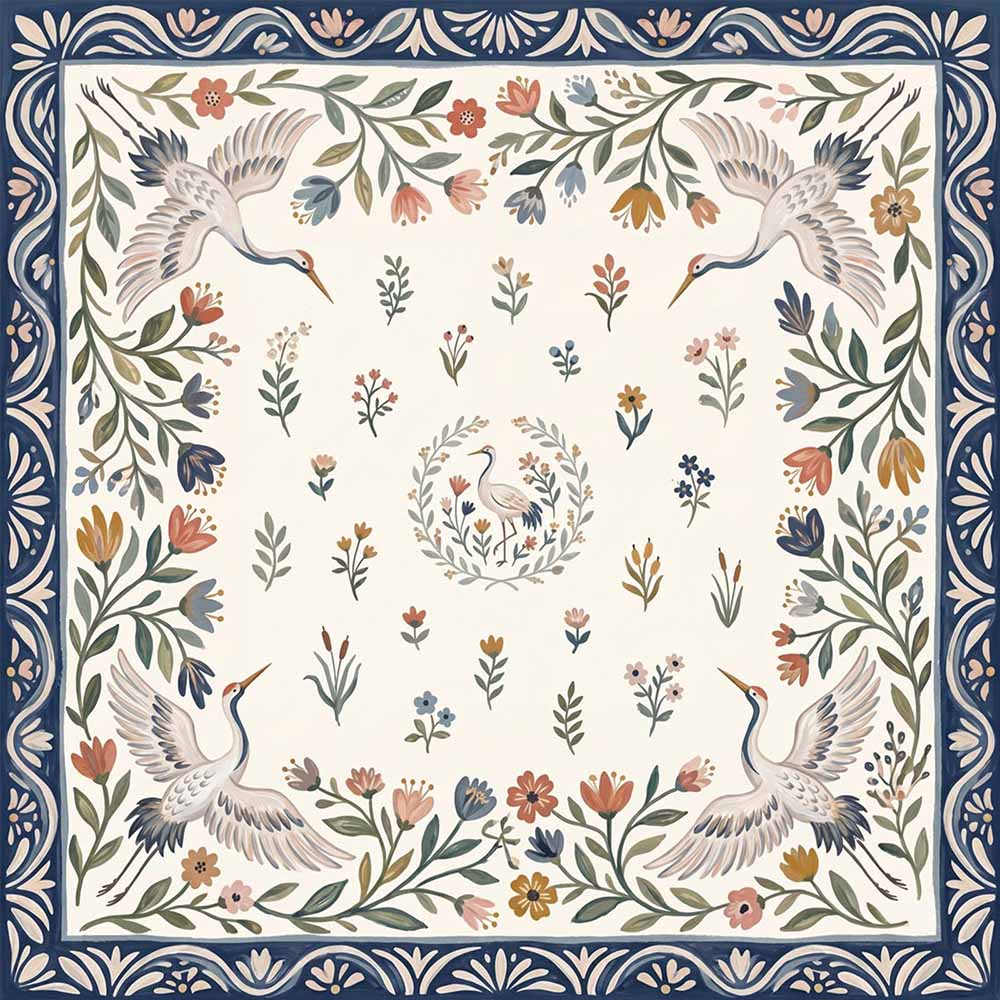Crane Garden Mahjong Mat Folk Art Floral Neoprene Game Mat Colorful Botanical Personalized Gift
