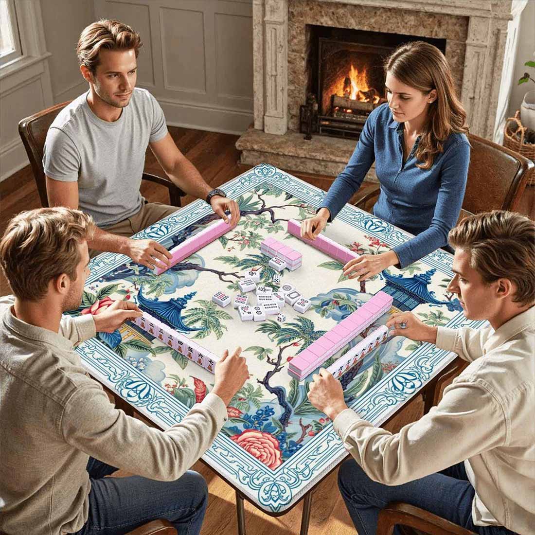 Tropical Garden Mahjong Mat with Non Slip Rubber Backing, Blue Pagoda Bird Design Mat