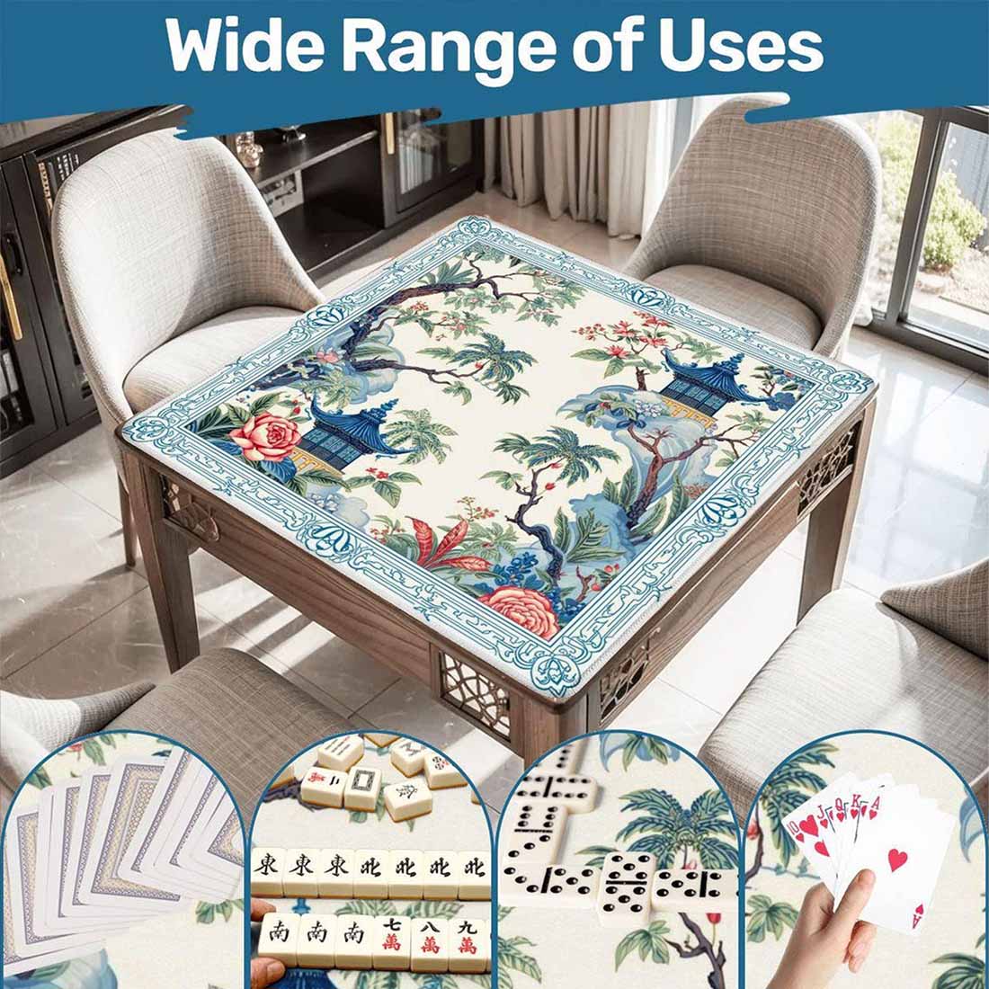 Tropical Garden Mahjong Mat with Non Slip Rubber Backing, Blue Pagoda Bird Design Mat