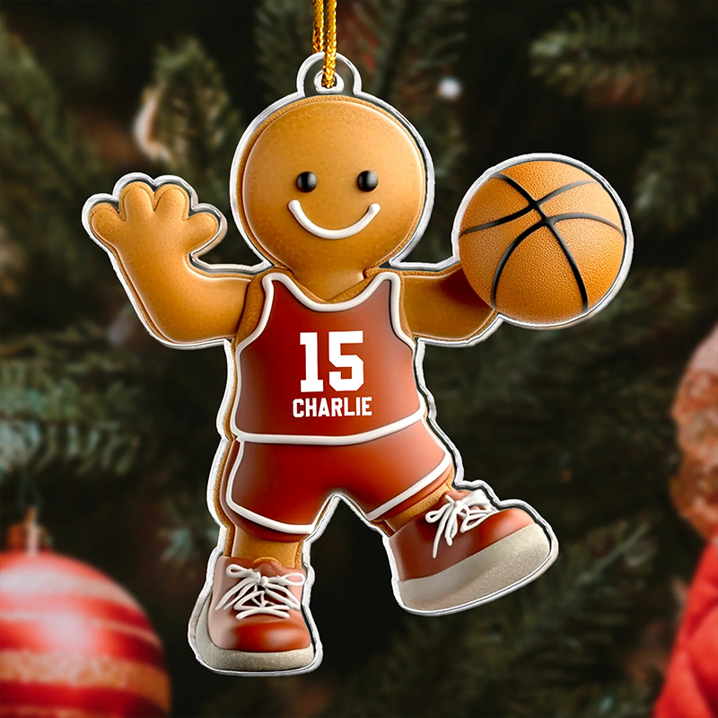 Personalized Gingerbread Basketball Player Ornament with Custom Name and Number Design