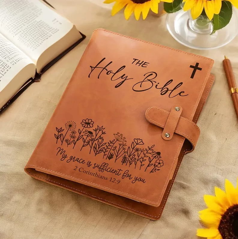 Personalized the Holy Bible Flower Portable A5 PU Leather Notebook Cover with Bible Chapter and Pocket Birthday Inspirational Gift for Christian