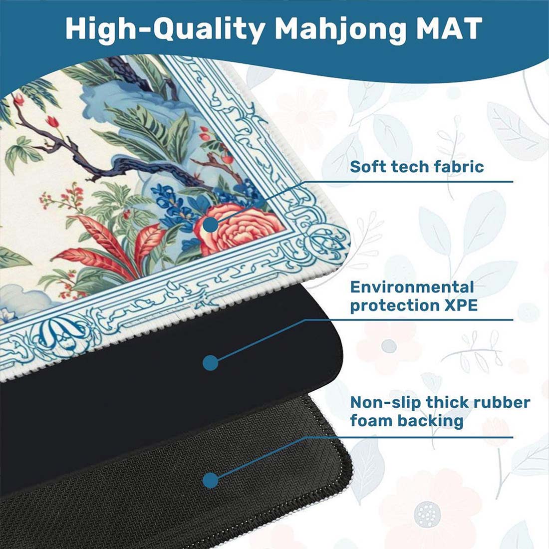 Tropical Garden Mahjong Mat with Non Slip Rubber Backing, Blue Pagoda Bird Design Mat
