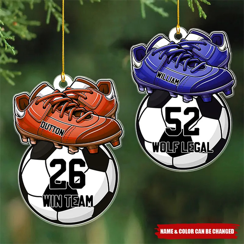 Personalized Soccer Ornament with Custom Name Number Color and Text Featuring Cleats and Ball Design