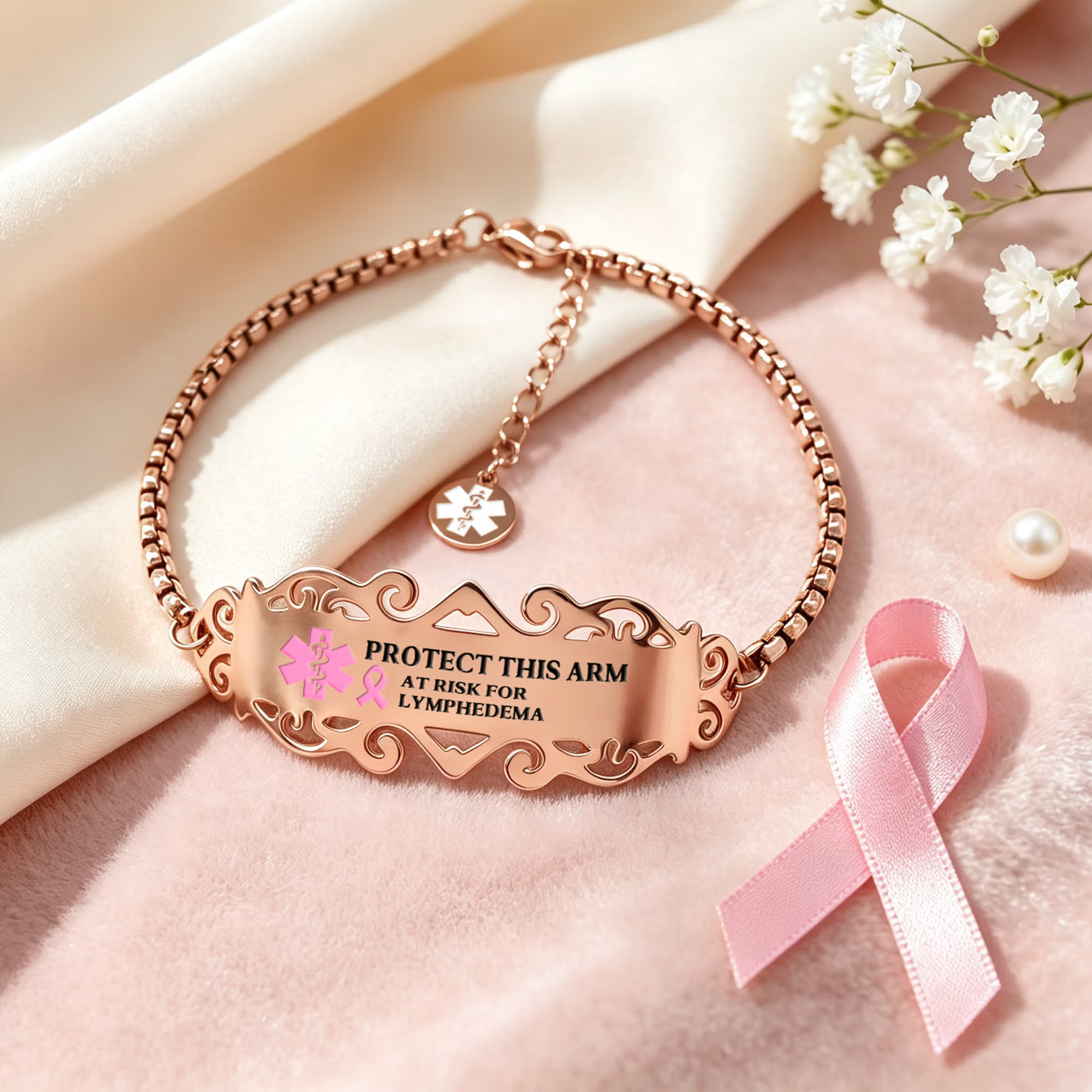 Personalized Pink Ribbon Bow Lymphedema Medical Alert Bracelet with Engraved Text and Title Emergency Jewelry Care Gift for Breast Cancer Woman