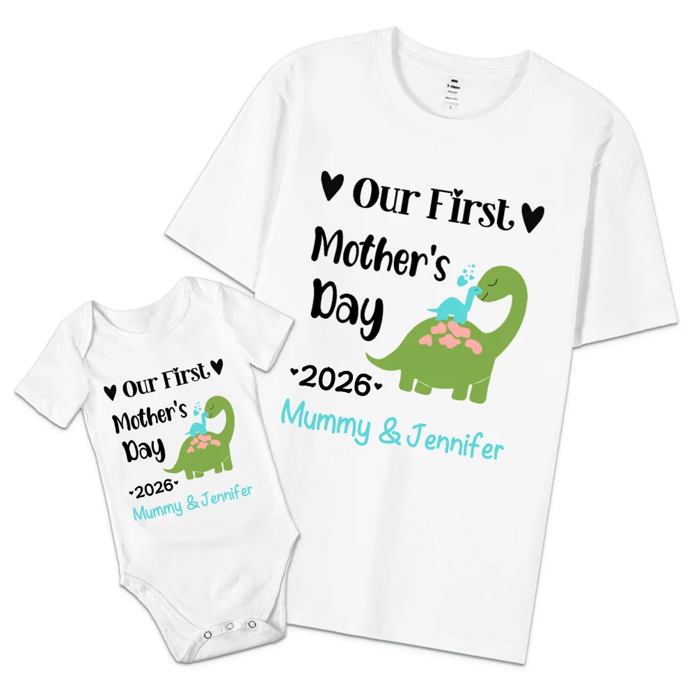 Personalized Cute Bear Bunny Giraffe 100% Cotton T-Shirt and Baby Onesie Our First Mother's Day T-shirt Funny Mummy and Baby Gift Mama and Me tee Baby bodysuit