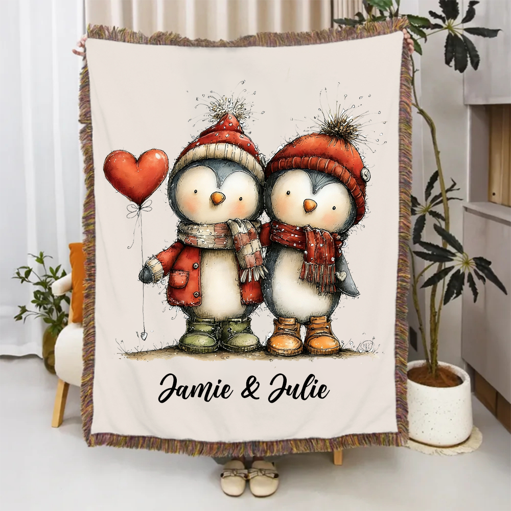 Personalized Couple Cartoon Blanket Penguin Rabbit Cat Hignland Cow Blanket For Newlywed Valentine's Gift For Couple