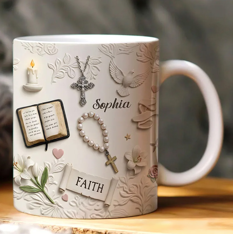 Personalized Rooted In Faith 11oz 15oz Ceramic Mug with Custom Name 3D Style Bible Rosary Cross Candles Ddoves Coffee Mug Religious Gift for Her