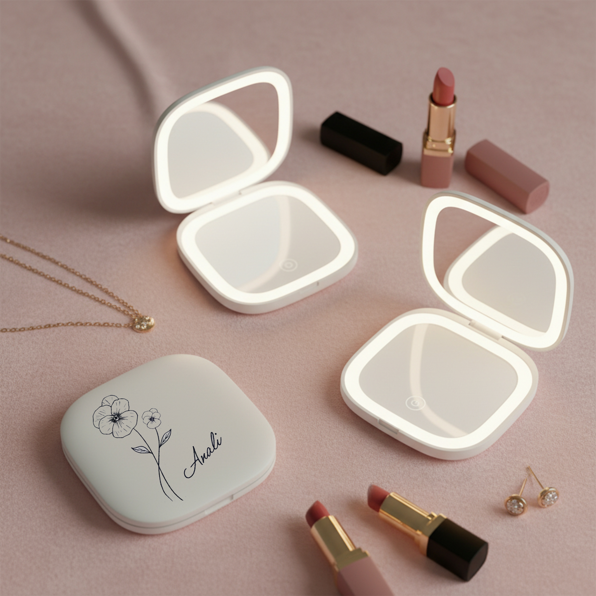 Personalized LED Makeup Mirror with Name and Birth Flower Foldable Travel Mirror for Women 3 Color Light 5X Magnification Rechargeable Gift