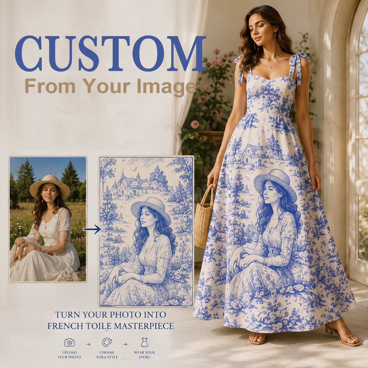 Personalized Blue Toile Maxi Dress French Toile De Jouy Portrait Custom Photo Gift for Her