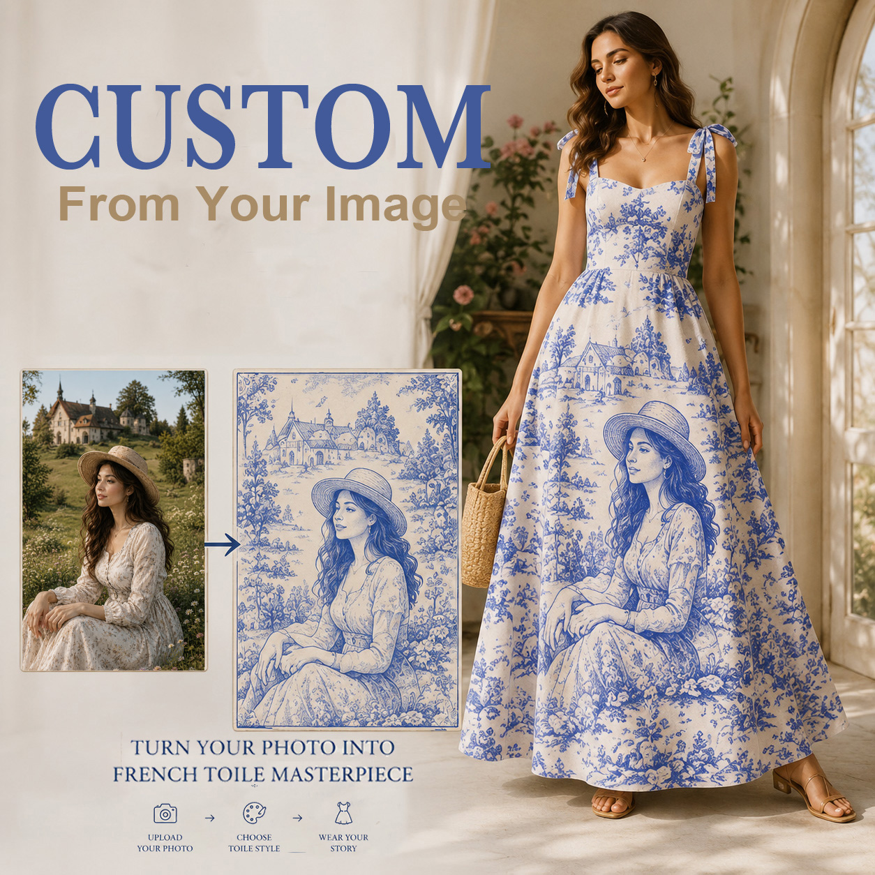 Personalized Blue Toile Maxi Dress French Toile De Jouy Portrait Custom Photo Gift for Her