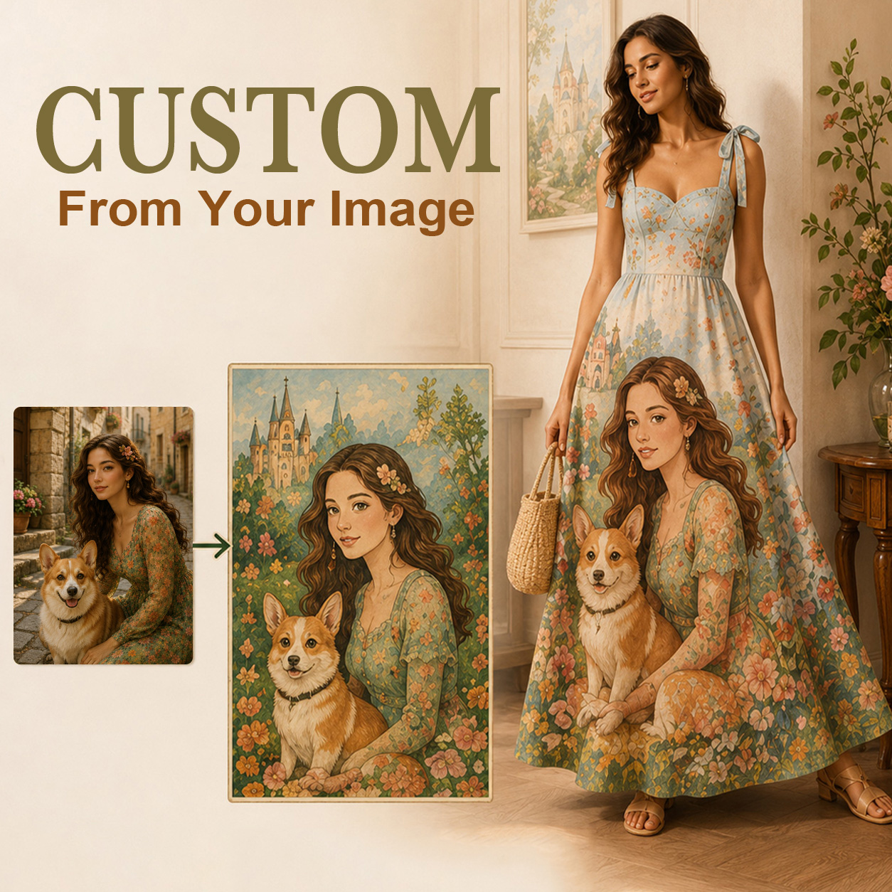 Personalized Floral Maxi Dress Custom Pet Art Floral Gift for Flowers and Pet Lovers