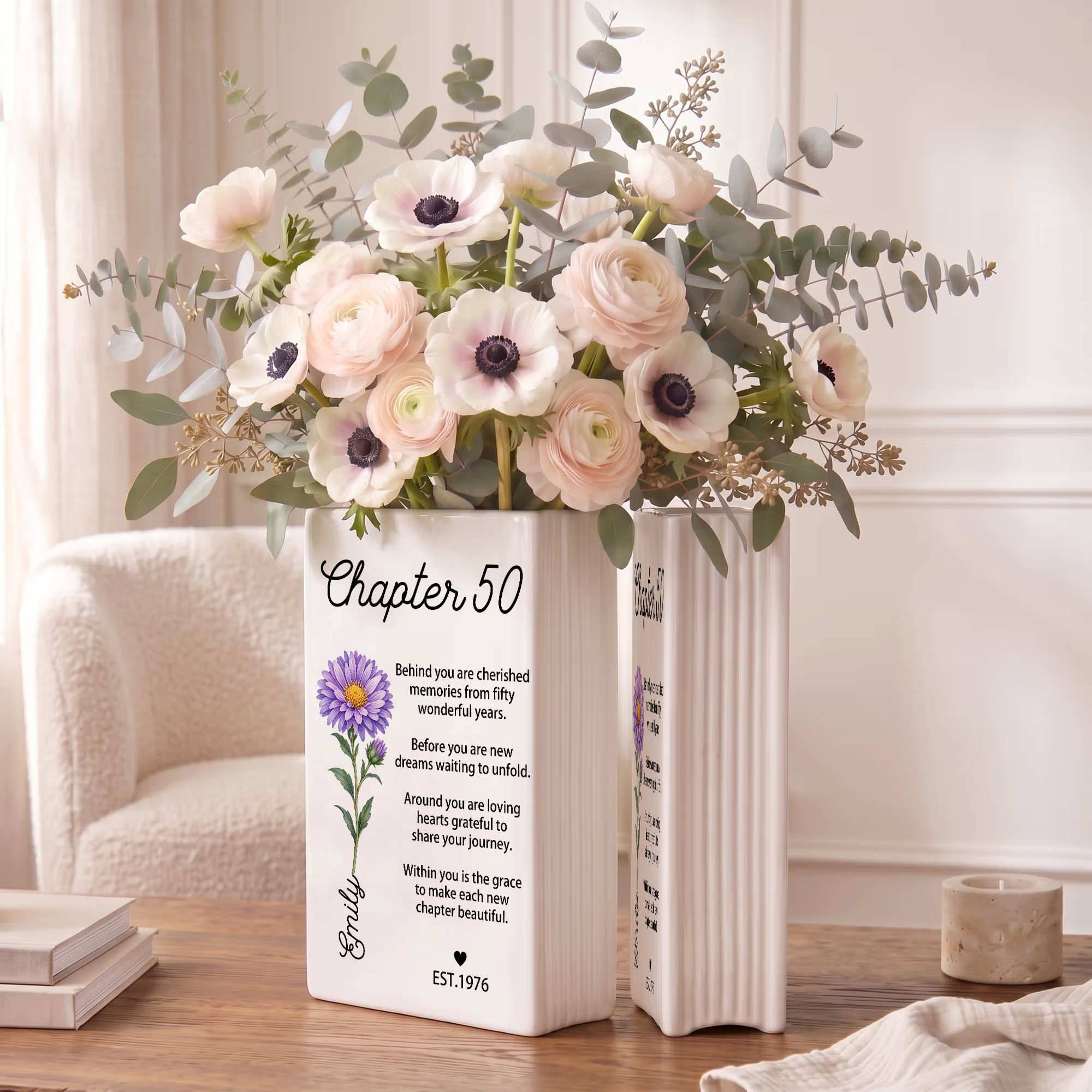 Personalized Birth Flower Ceramic Book Vase with Name Year and Text Home Decor Anniversary Gift for Bookworms Flower Lovers