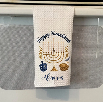 Personalized Happy Hanukkah Soft Waffle Tea Towel with Name Kitchen Decor Hanukkah Menorah Dreidel Dish Towel Happy Hanukkah Gift for Jewish Family