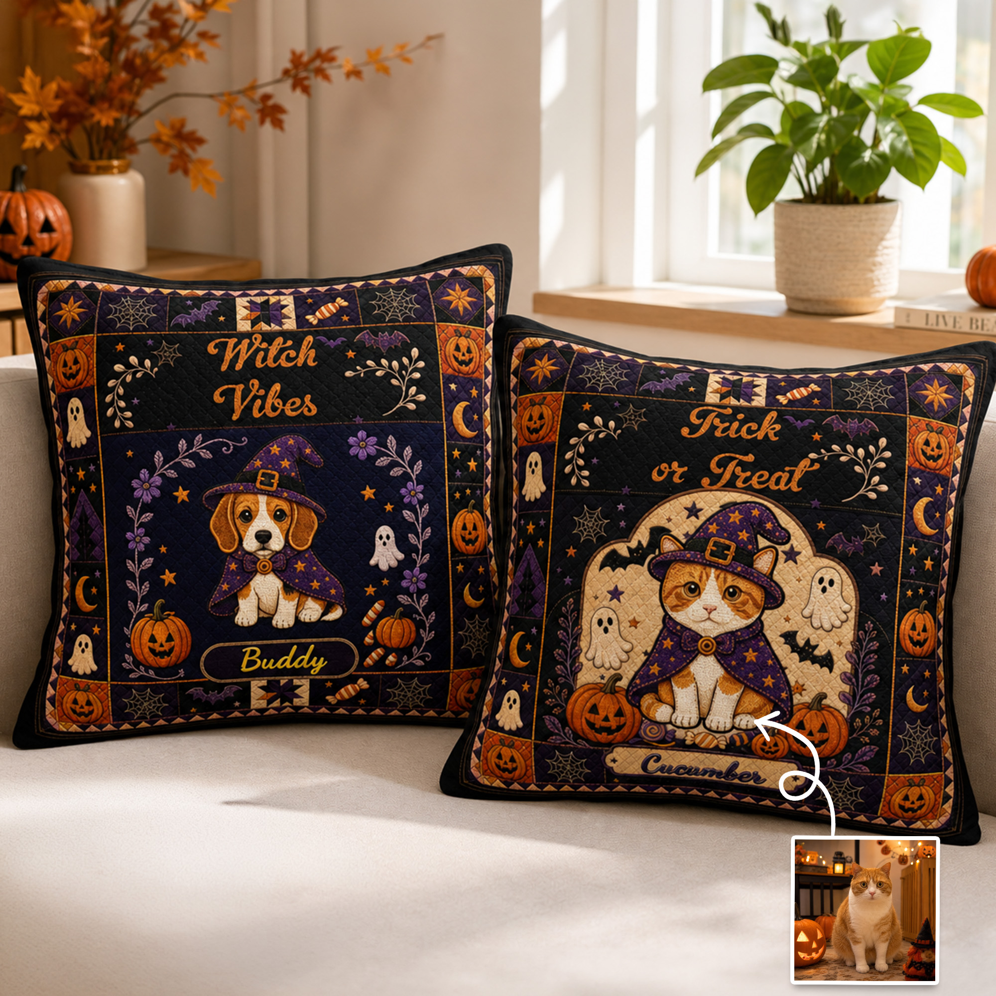 Personalized Photo and Name Retro Cartoon Halloween Pet Witch Throw Pillow Home Decor Halloween Gift for Pet Lovers