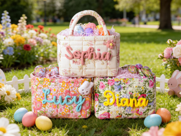 Personalized Easter Egg Hunt bag,Spring Flower Easter Basket,Quilted Egg Hunt Bucket,Boys Girls Easter Baskets,Baby Shower Gift,Easter gift