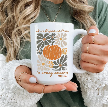 Personalized Boho Fall Mug Pumpkin Psalm Bible Verse Ceramic Mug with Name Floral Thanksgiving Coffee Cup Fall Host Gift Christian Thanksgiving Gift