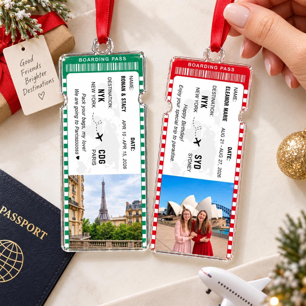 Personalized Photo Keepsake Travel Ticket Ornament, Personalized Travel Adventure Ornament, Travel Ticket Christmas Gift, Couple Vacation Keepsake