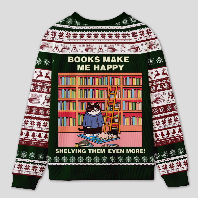 Personalized Hilarious Cat Rearranging Bookshelves Ugly Sweater Holiday Gift for Cat-Loving Book Loves