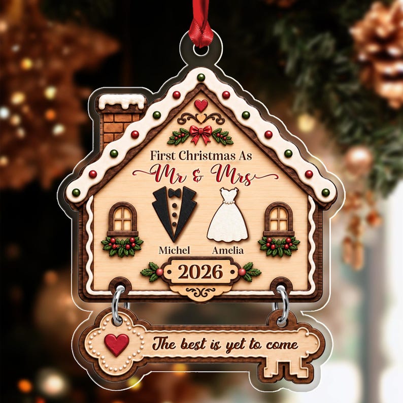 Personalized First Christmas As Mr & Mrs Married Ornament, Gingerbread House Acrylic 2D Flat