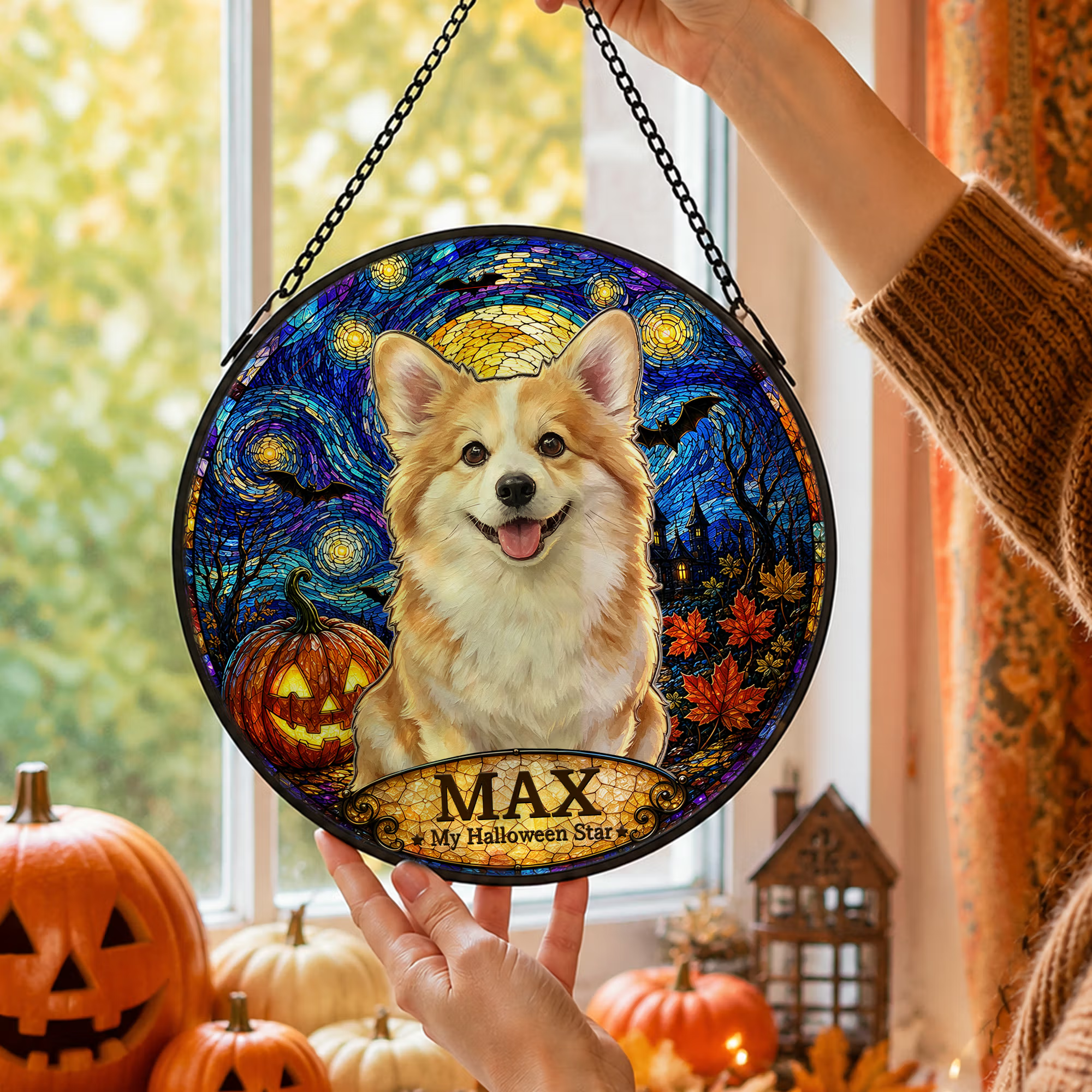 Personalized Stained Glass Style Van Gogh Art Pet Photo Window Hanging Suncatcher with Name Memorial Halloween Gift for Pet Owners
