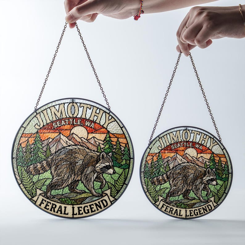Raccoon Feral Legend Stained Glass Suncatcher Viral Seattle Meme Decor Cute Raccoon Ornament
