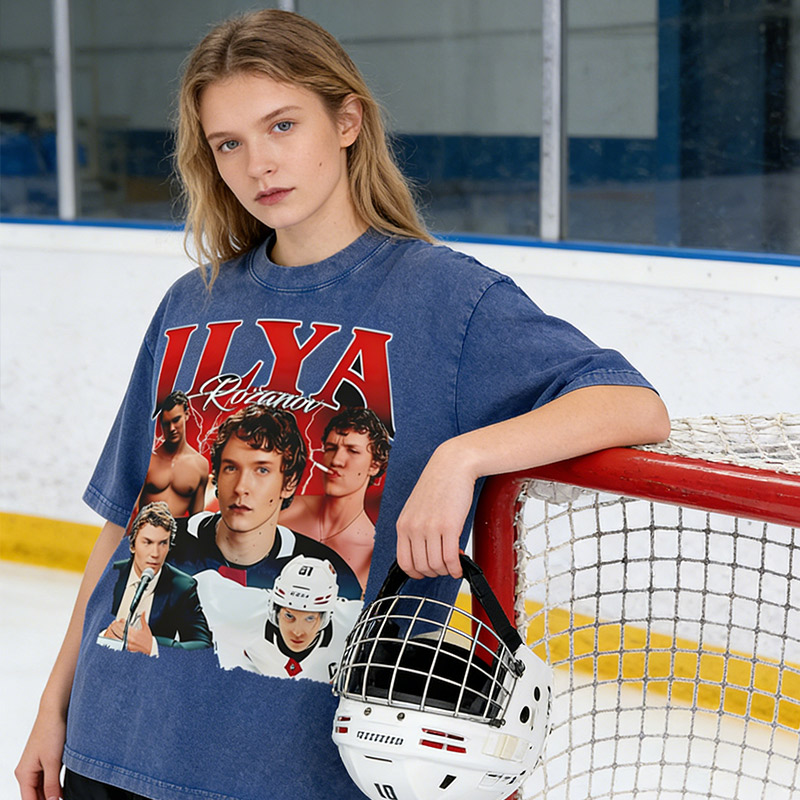 Personalized Ice Hockey Fans Washed T-Shirt with Custom Red Lightning Image Gift for Fans