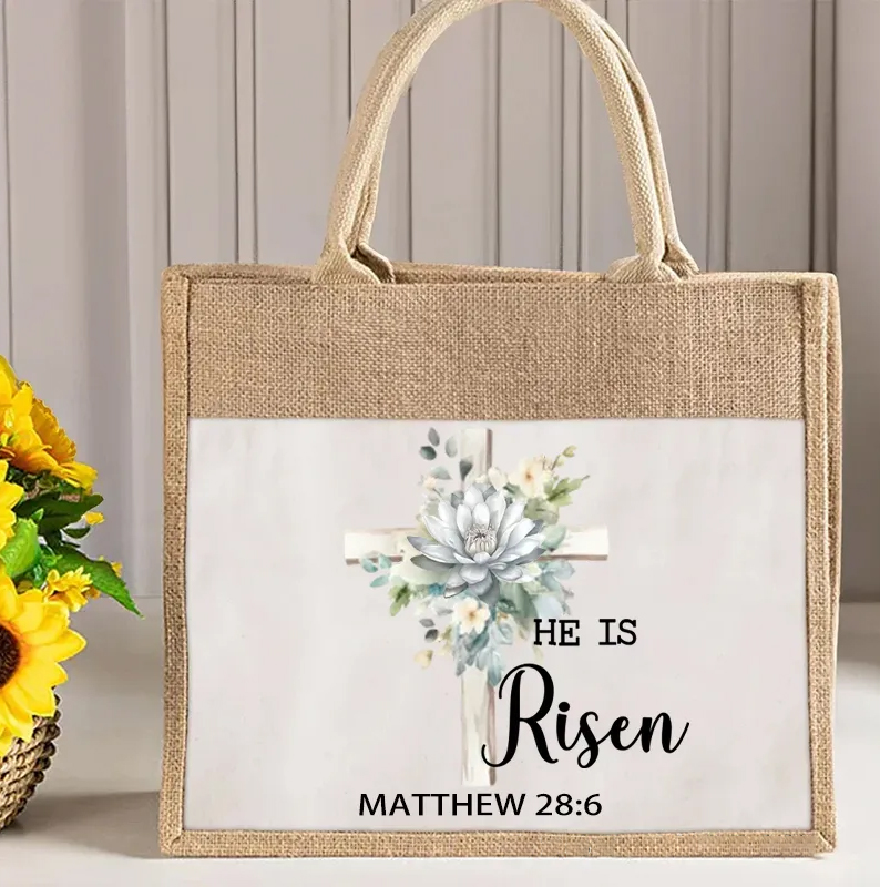 Personalized He Is Risen Bible Verse Cross Birth Flower Large Reusable Tote Bag with Text Easter Church Religious Gift for Women Christian